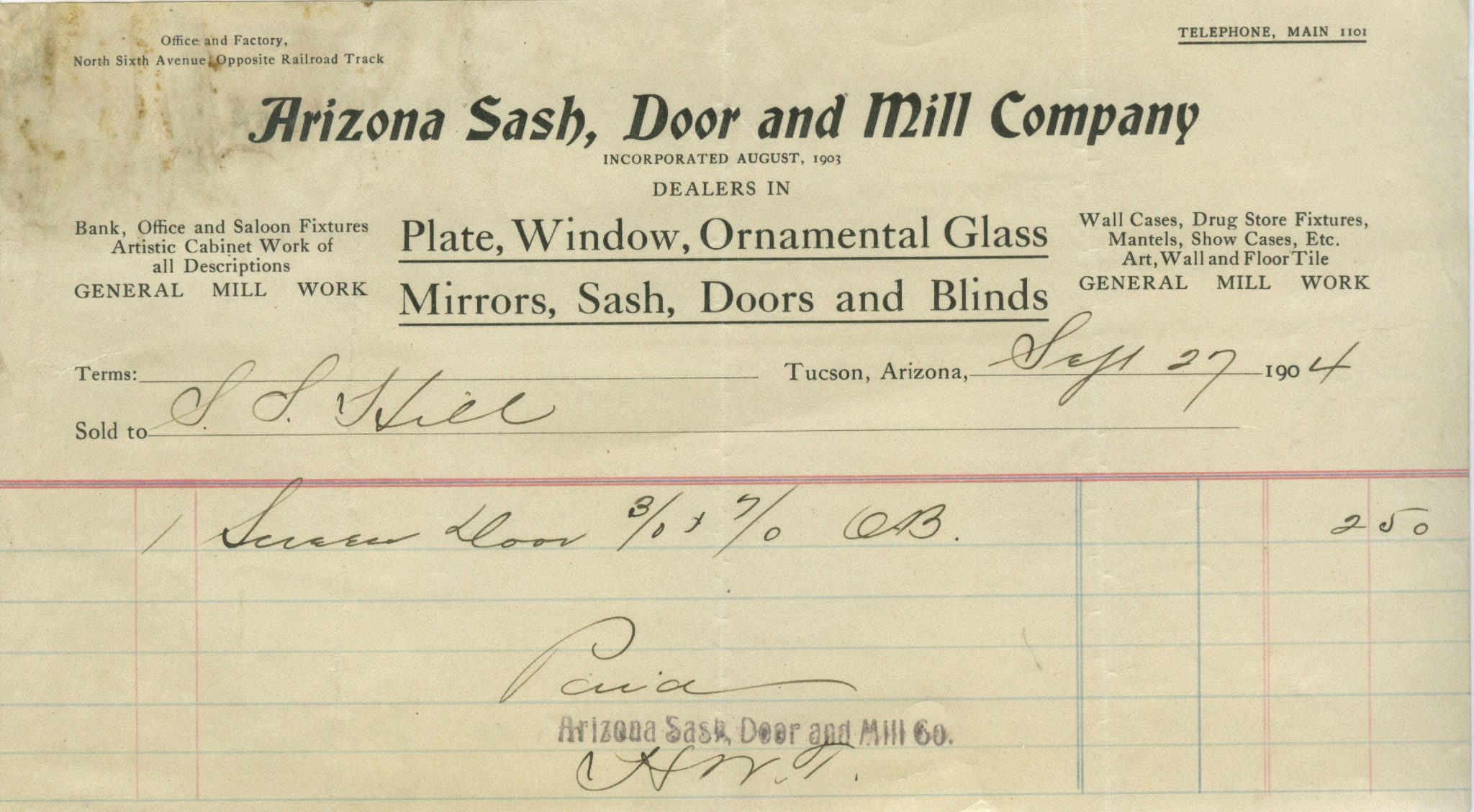 Arizona Sash, Door and Mill Company Letterhead 1904