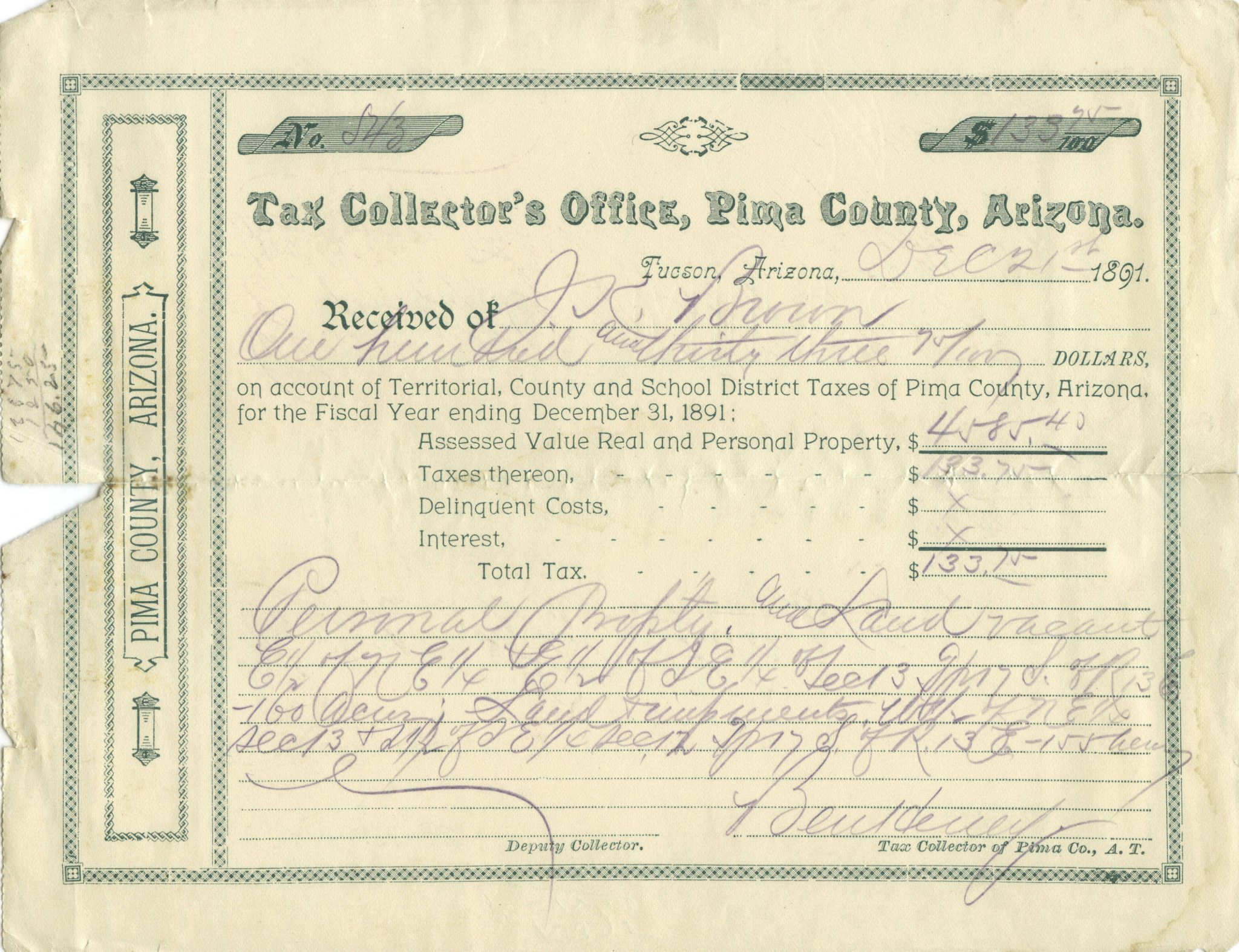 Tax Collector's Office Tucson Arizona Territory 1891