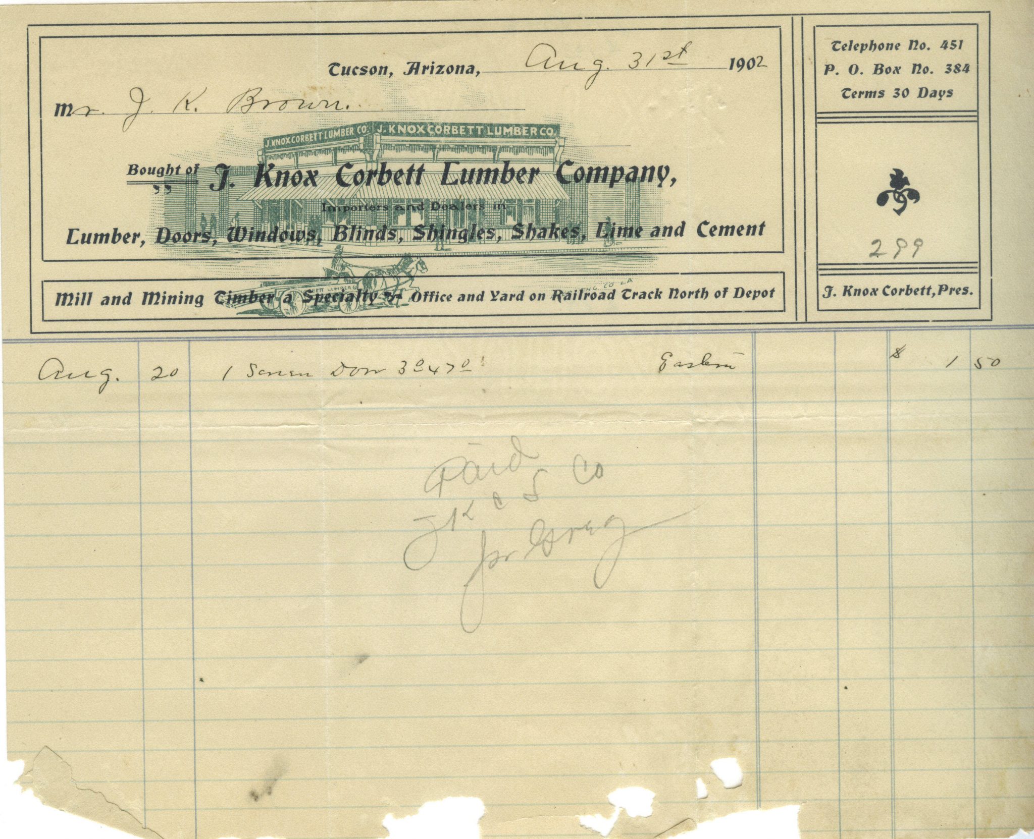 J. Knox Corbett Lumber Company 1902 Letterhead 