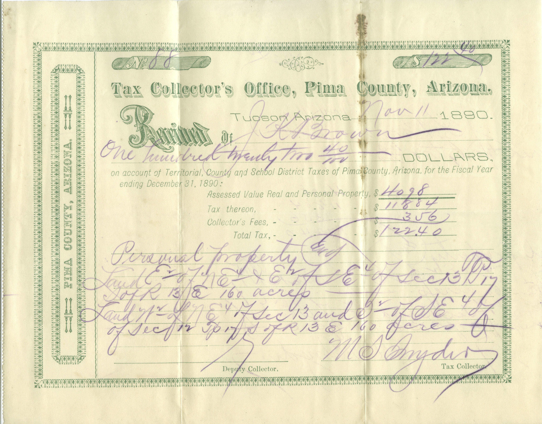 1890 Tucson A.T. Tax Collector's Office Letterhead 