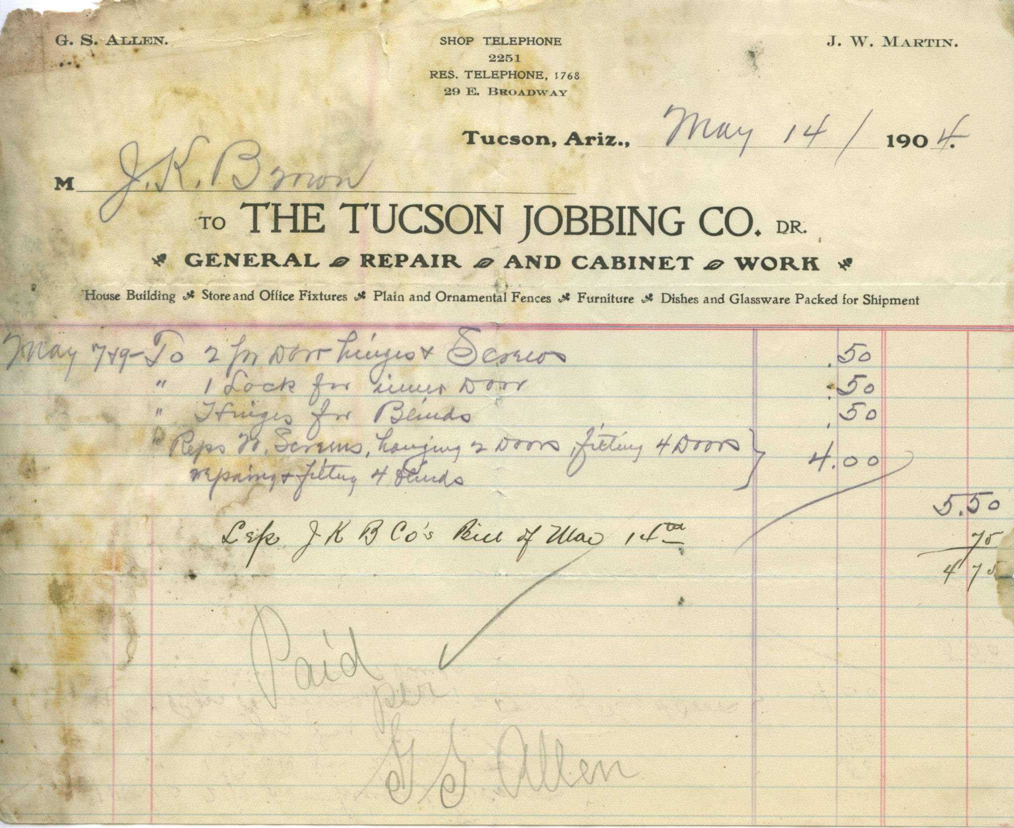 The Tucson Jobbing Co. Letterhead 1904