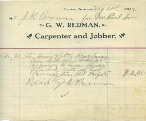 G.W. Redman Aug 20 1902 Tucson Arizona Territory