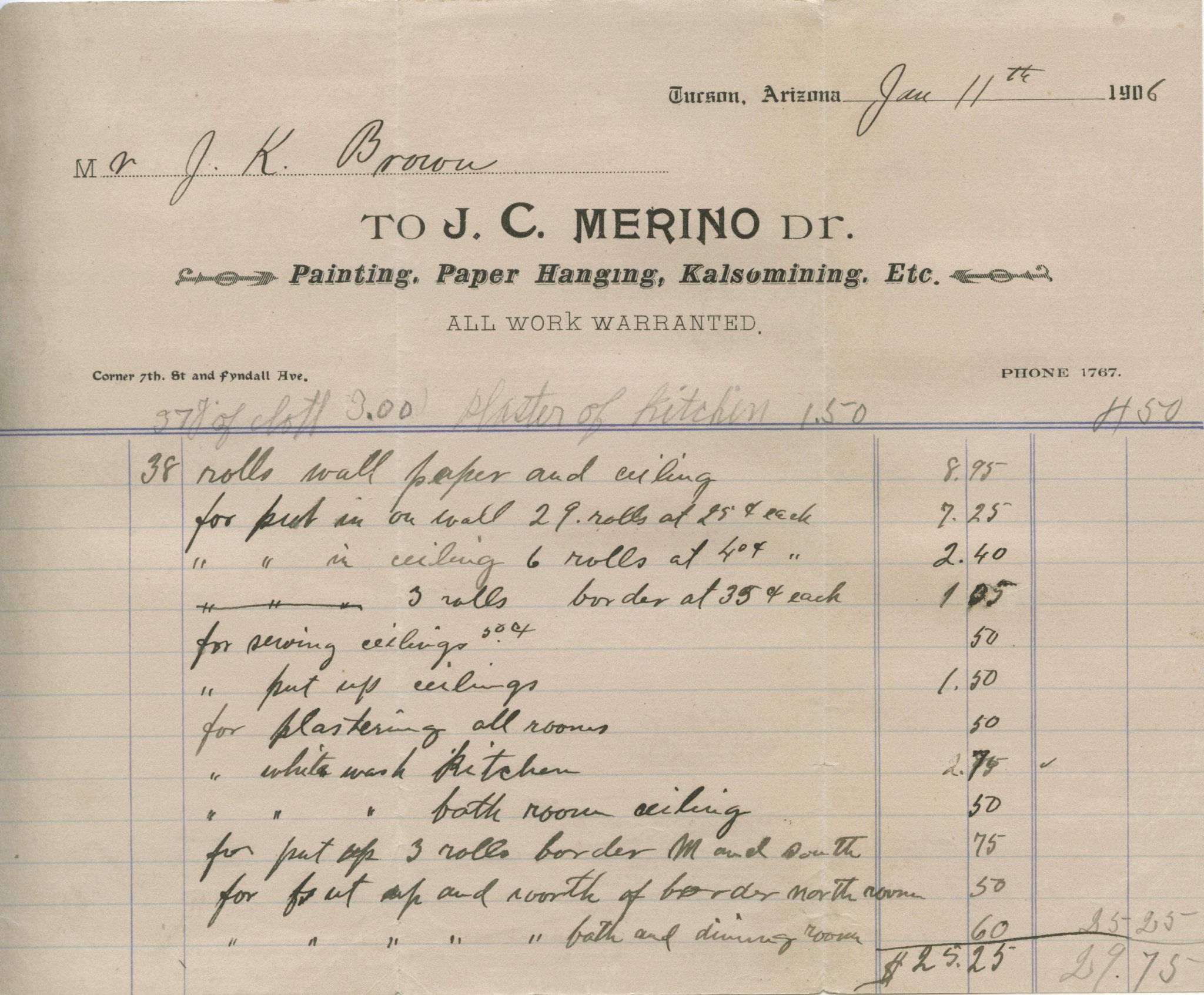 J.C. Merino Painting, Paper, Hanging, Kalsomining, Etc. 1906 Letterhead