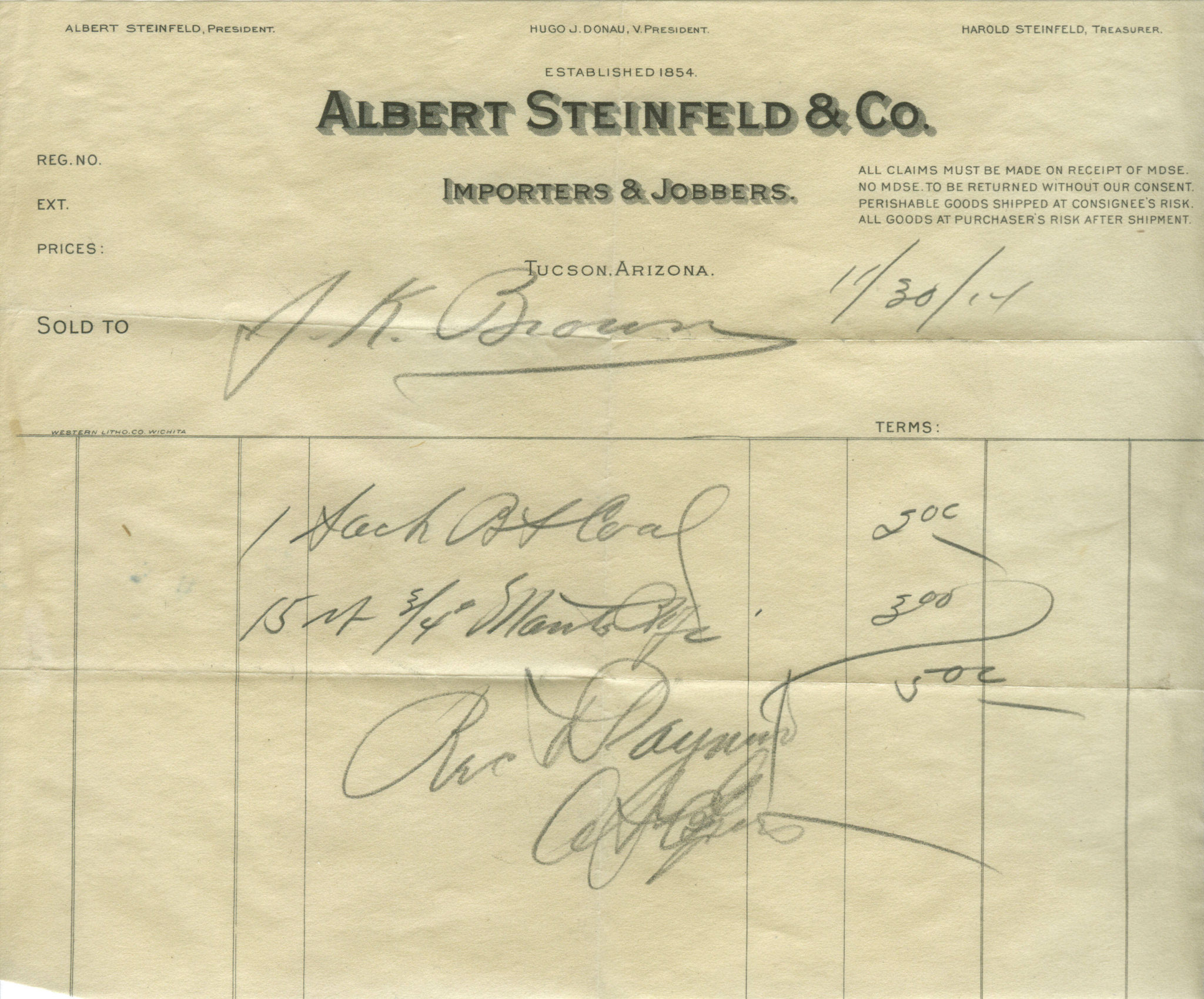 Albert Steinfeld Importers & Jobbers 1914