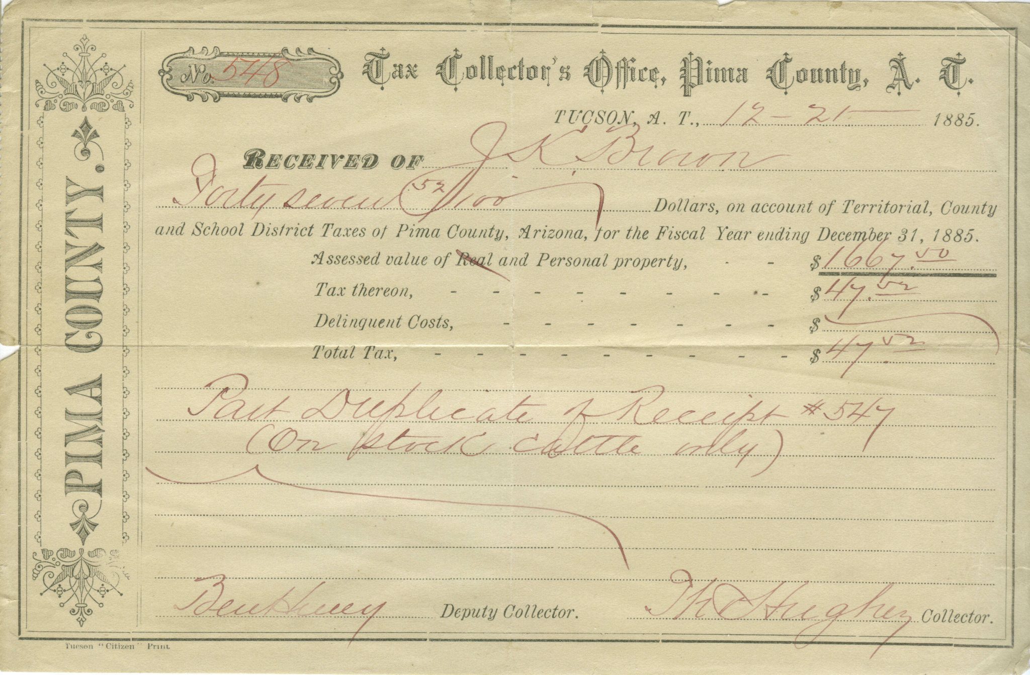 Tax Collector's Office Pima County A. T. 1885