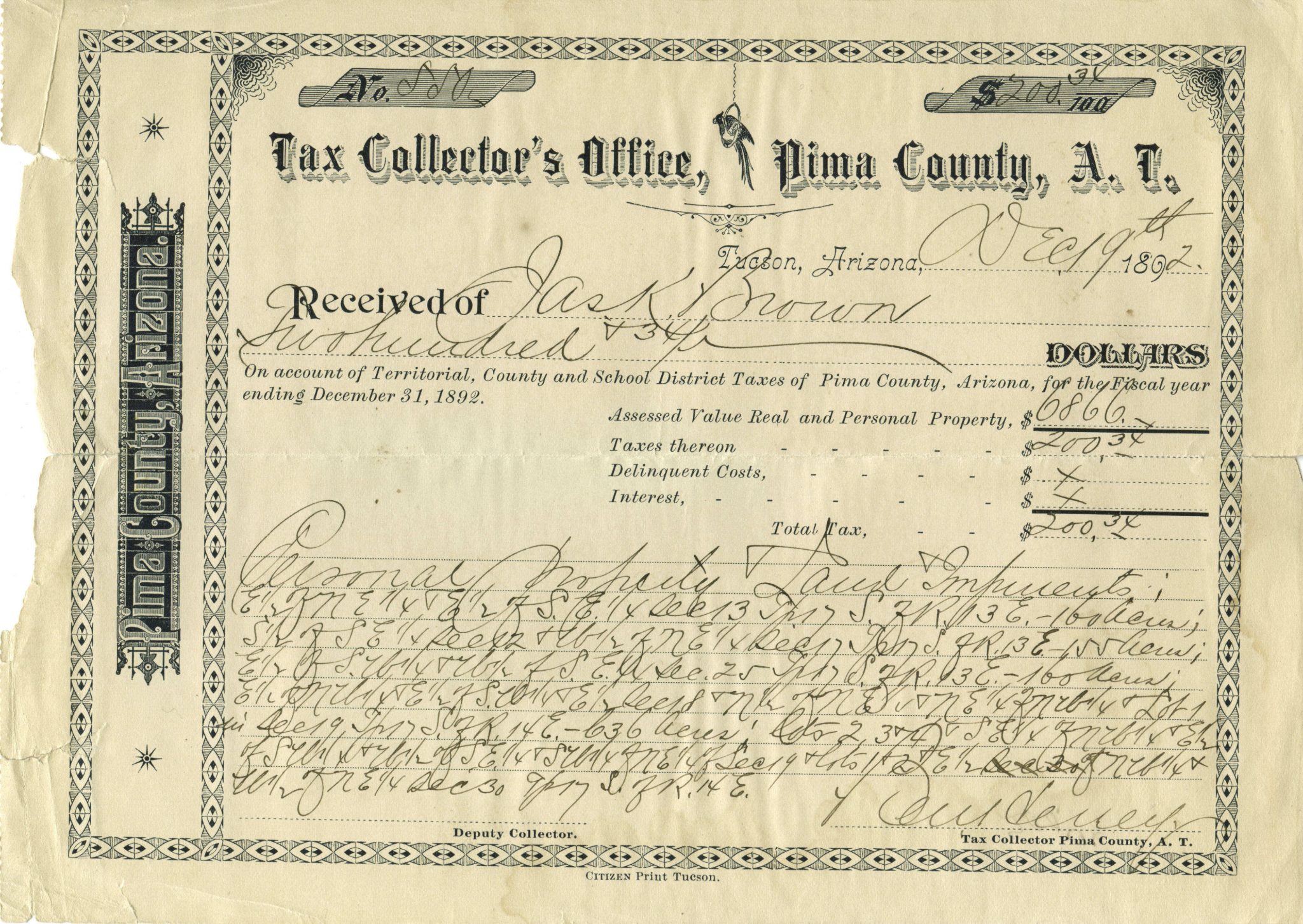 Tax Collector's Office Pima County A. T. 1892