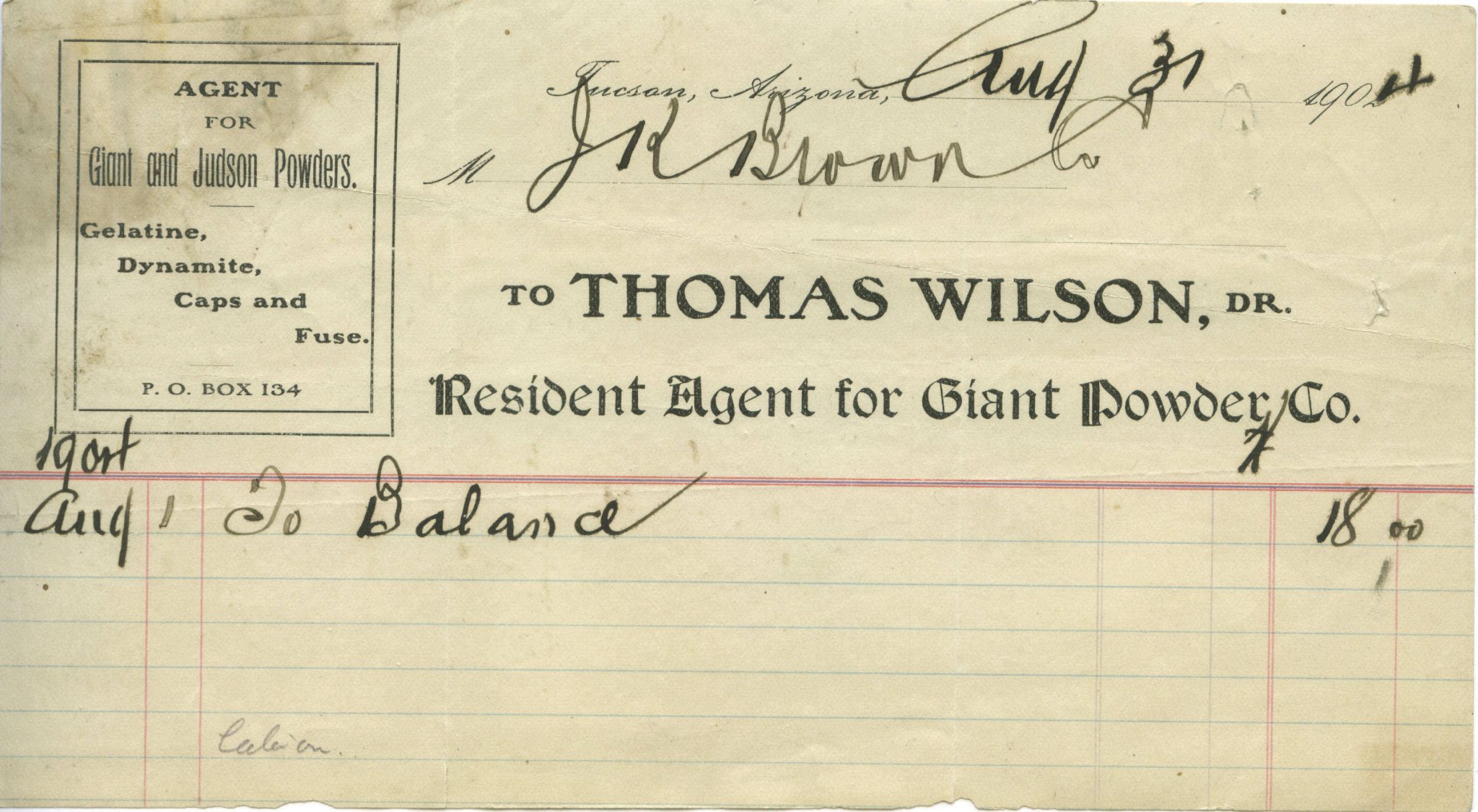 Thomas Wilson Resident Agent for Giant Powder Co. 1904