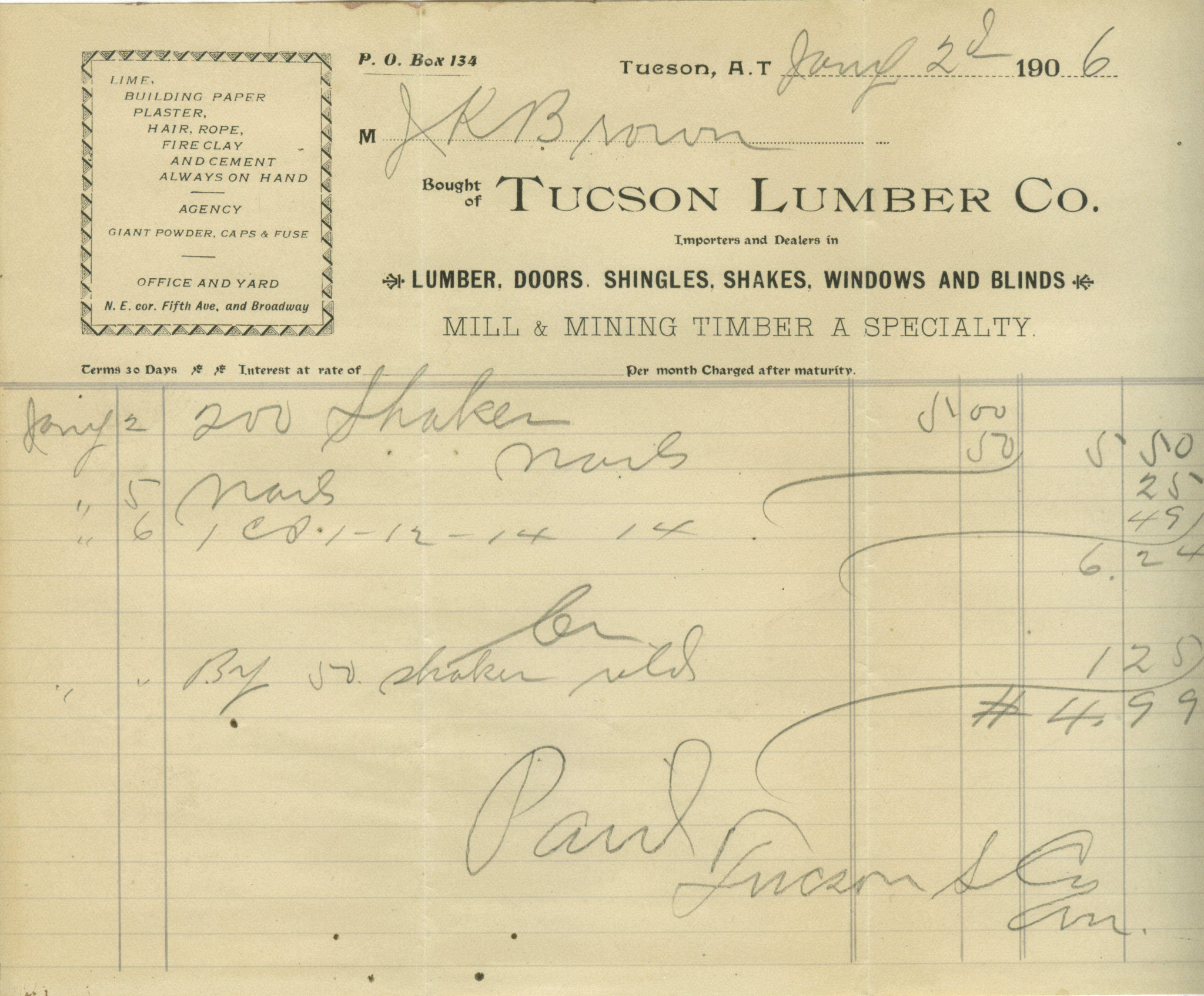Tucson Lumber Arizona Territory 1906