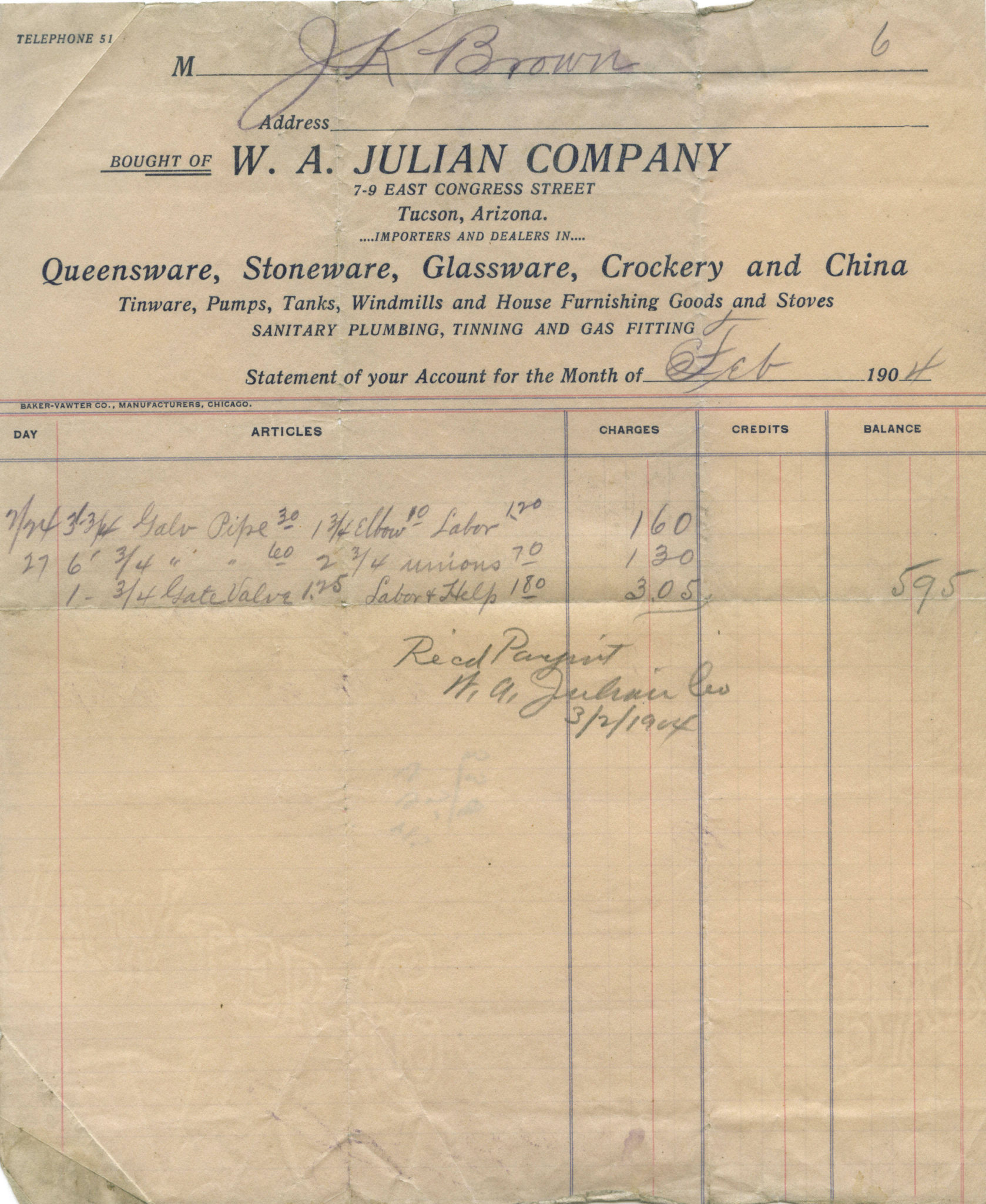W.A. Julian Company Letterhead 1904