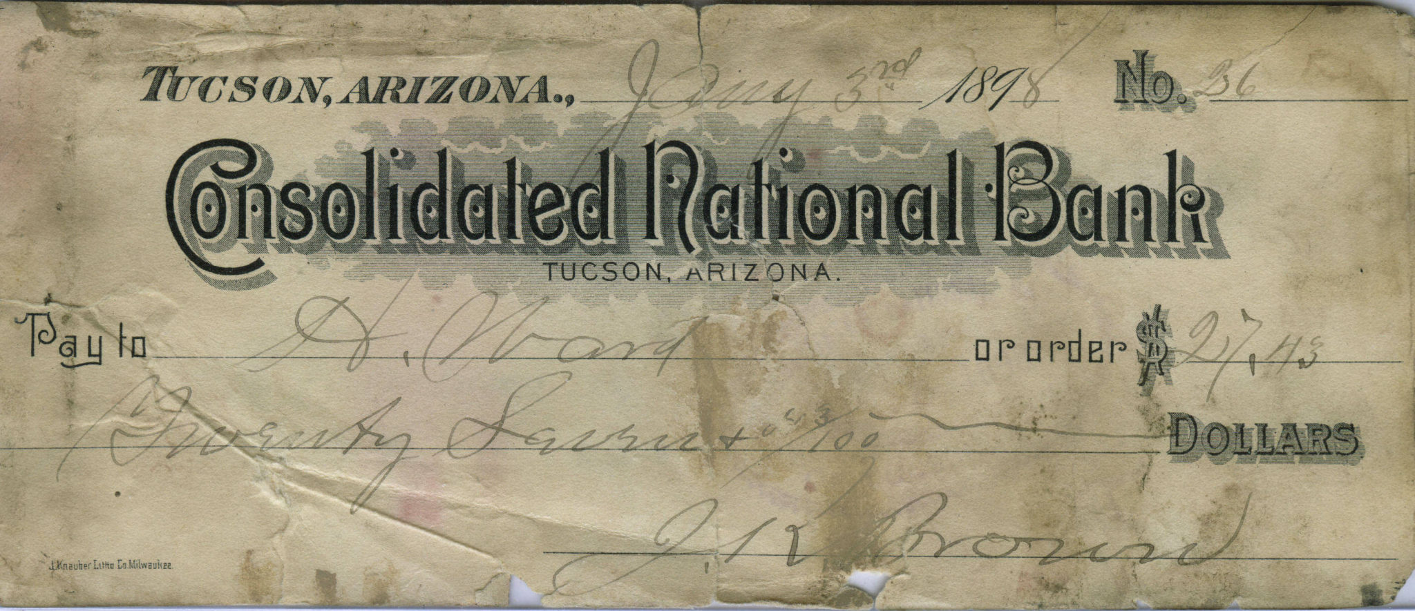 1898 Tucson A.T. Bank Check
