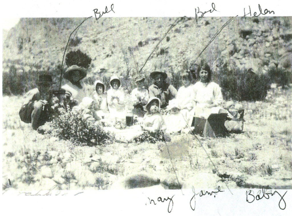 A family picnic 1914/1915 in Skeleton Canyon (outside Apache, Arizona) attended by my Grandmother, Janet, and her siblings. My Great Grandfather worked for the Pinkerton Company as a guard who transported prisoners on the railroad.