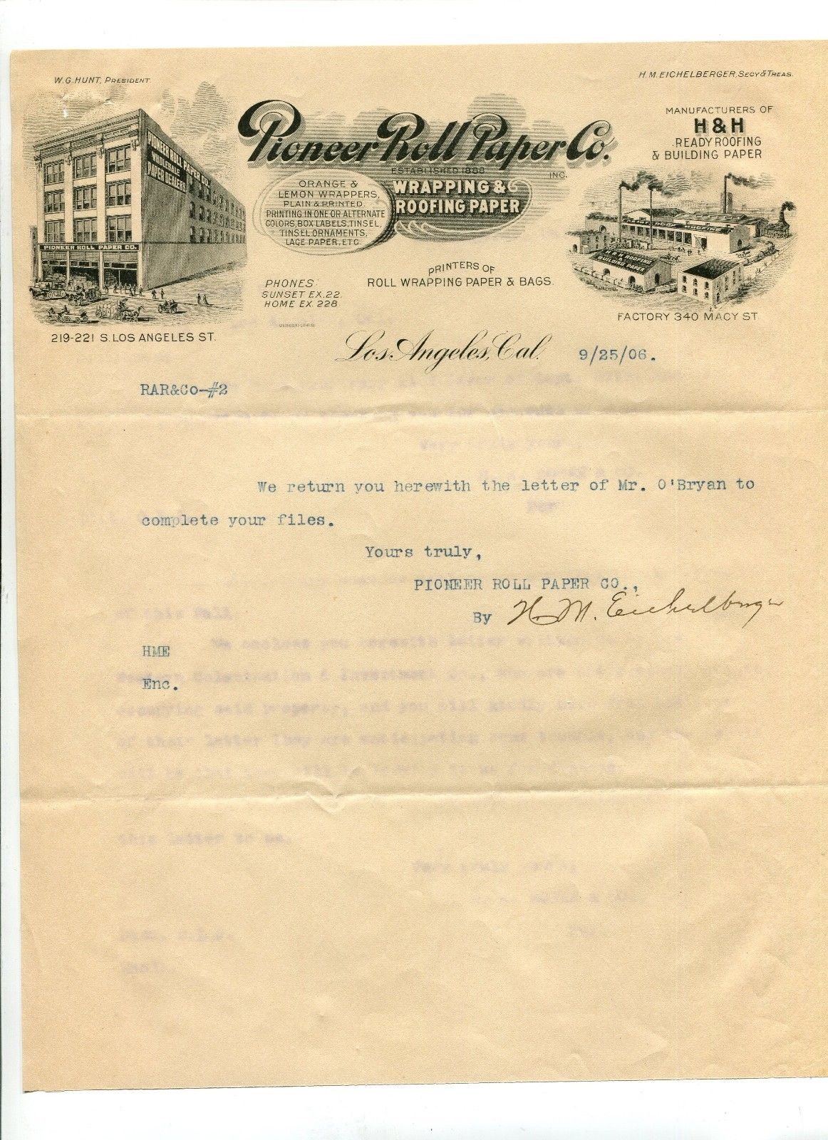 Pioneer Roll Paper Co. Letterhead