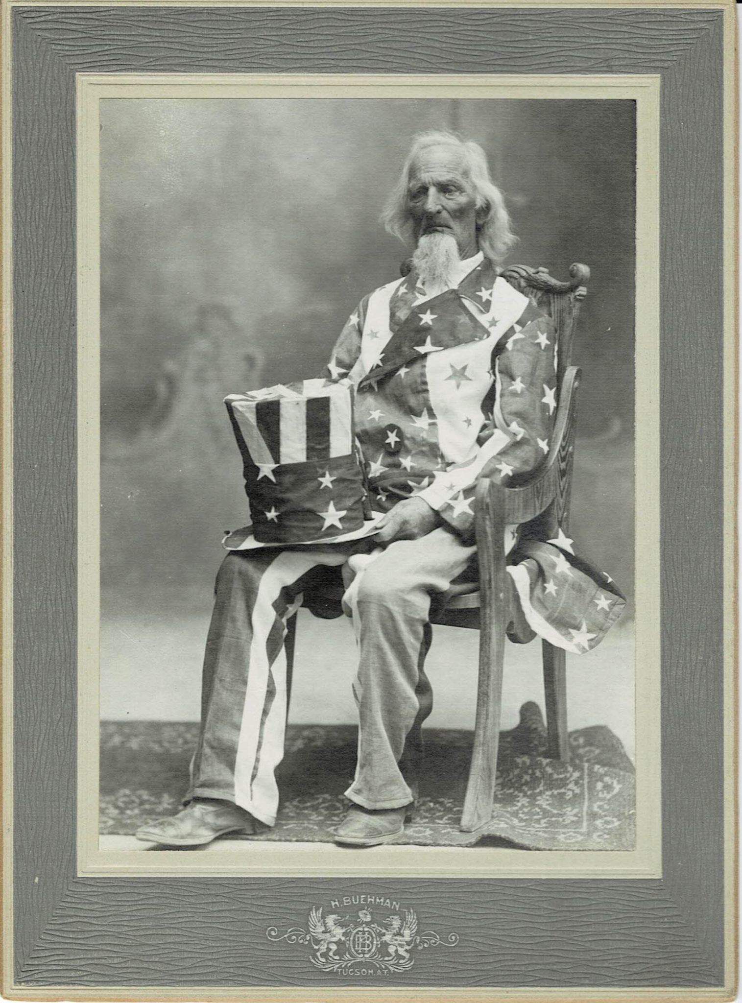 William Smith dressed as Uncle Sam (seated, Henry Buehman Tucson A.T. Photographer)