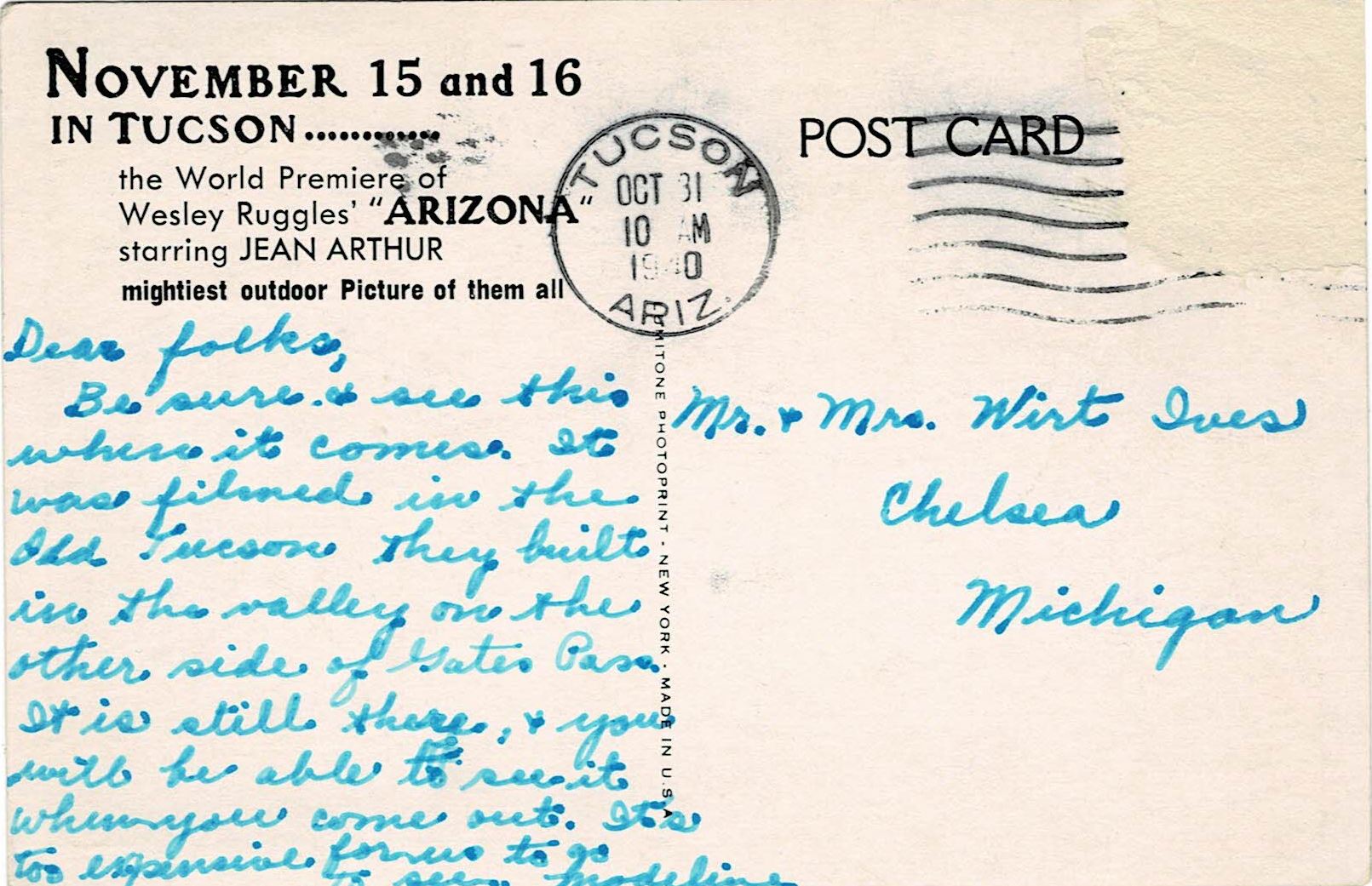 Rear of Postcard featuring "Arizona" filmed at Old Tucson Studios