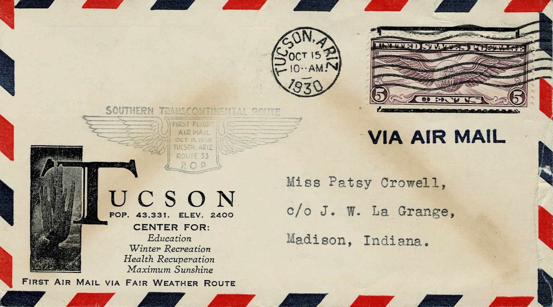 Southern Transcontinental Route First Air Mail October 15 1930 Tucson, Ariz Route 33 P.O.D.