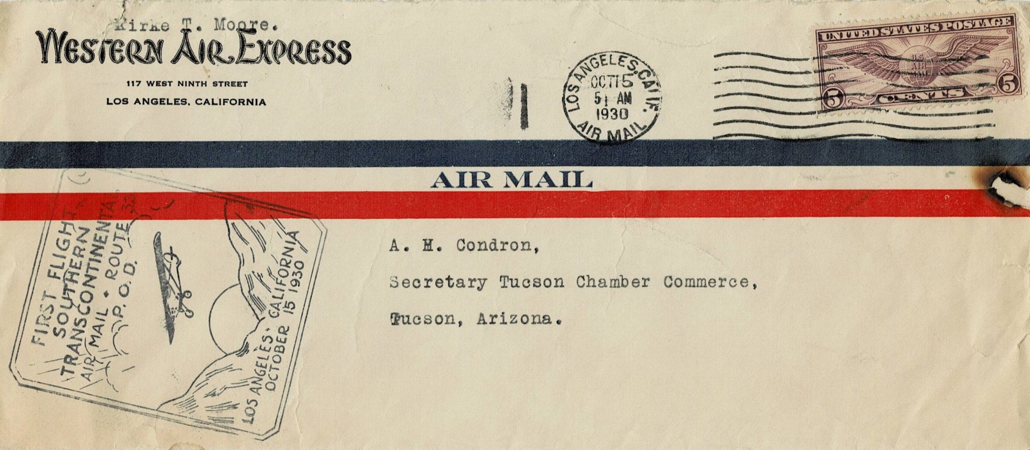 Western Air Express First Flight Southern Transcontinental Air Mail October 15, 1930 First Day Cover